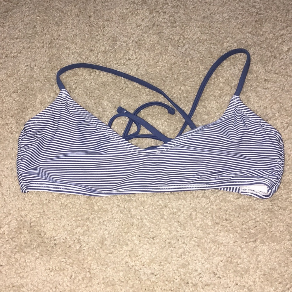 Navy and white striped bathing suit top.